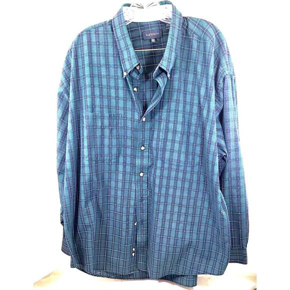Van Heusen Mens Size XXL Long Sleeve Button Down Casual Plaid Green and Blue - Picture 1 of 5
